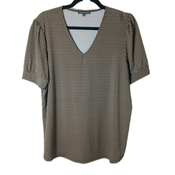 Adrianna Papell Women’s XL Top Brown Black Houndstooth V-Neck Short Sleeve - Picture 1 of 8